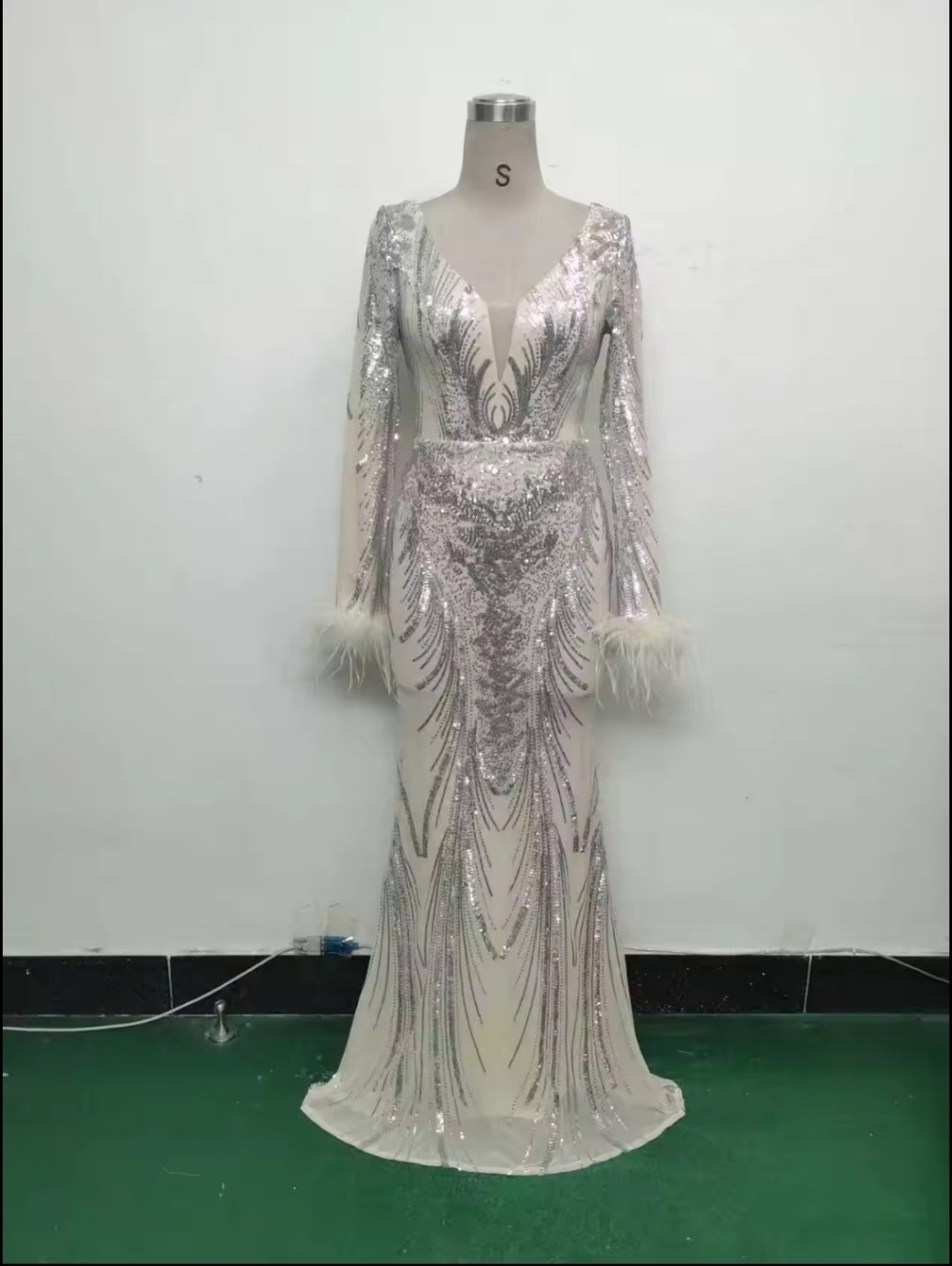 Sequin Silver & Cream Long-Sleeve Evening Gown With Ostrich Feathers - Picture 12 of 16